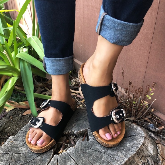 🆕BLACK WESTERN VEGAN DOUBLE STRAP SLIDES SANDALS - Picture 2 of 5